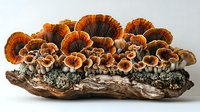 Orange and brown turkey tail mushrooms growing in layers on wooden log with green moss, showing natural fungal growth pattern in side view against gray background.
