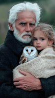 Senior man with white beard holding young girl and barn owl, wearing dark coat. Child in beige sweater gazes with innocent expression while owl nestles between them.