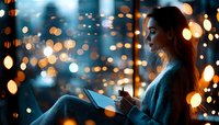 Young Asian woman reading book by window at night, surrounded by glowing bokeh lights and cozy atmosphere, wearing knit sweater, creating peaceful evening mood.