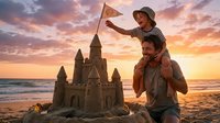Adult male with child on shoulders pointing at sandcastle on beach at sunset, family bonding moment by ocean with dramatic golden sky.