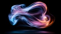 Colorful smoke abstract with flowing curves in blue, pink, and orange against black background, creating ethereal light effect with reflection.