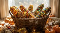 Colorful Indian corn cobs in wicker basket with autumn pumpkins and fairy lights creating cozy fall harvest decoration for seasonal home decor and thanksgiving.