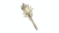 Vintage lantern with wooden handle and dried botanical foliage, isolated on white background for design, clipart, and decorative projects.