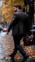 Caucasian businessman in tweed coat walking on autumn street with leather briefcase, side view against blurred fall foliage background in urban setting.