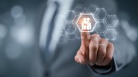 Businessman touching virtual home icon on digital interface, concept of smart home technology and real estate innovation.