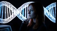 Young female scientist analyzing DNA double helix hologram in modern laboratory for genetic research and biotechnology innovation.