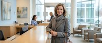 Professional mature businesswoman in gray suit standing confidently in modern corporate office with colleagues working in background during daytime.