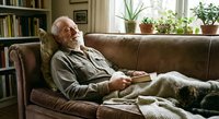 Senior Caucasian man relaxing on comfortable sofa reading book in cozy living room with plants and bookshelves creating peaceful home atmosphere.