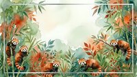 Watercolor frame with red pandas resting among lush bamboo and tropical foliage in warm green and orange tones, perfect for cards.