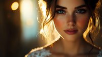 Young woman with glowing skin and striking blue eyes in warm sunset lighting, soft focus portrait with natural makeup and loose hair strands creating romantic atmosphere.