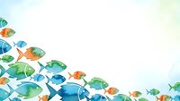 Colorful watercolor fish swimming in school formation on light background with copy space for marine themed designs and ocean conservation projects.