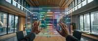 Professional businessman hands interacting with holographic data visualization interface in modern office environment with advanced technology display.