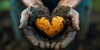 Dirty hands holding heart-shaped yellow potato fresh from garden soil, symbolizing love for farming and organic food growing. For agriculture and gardening concepts.