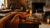 Cozy rustic living room with chunky knit blanket, glowing candles, dried oranges, and a self care sign by a stone fireplace.