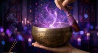 Mystical singing bowl with purple magical energy and sparkles being played by hand in atmospheric candlelit setting for meditation and spiritual healing.