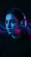 Young woman with wireless headphones in neon blue and purple lighting with digital particles for music technology and entertainment concepts.