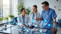 Three diverse medical professionals collaborating with futuristic digital healthcare technology interface in modern hospital setting.