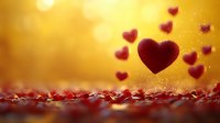 Red velvet hearts floating with sparkles against golden bokeh background, romantic composition with heart shapes and glitter scattered on reflective surface.