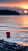 Red heart floating on calm water at sunset with warm orange and pink sky reflections creating romantic atmosphere for love and relationship concepts.