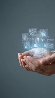 Hands holding holographic digital identity interface with biometric security, privacy protection, and future identity technology icons for cybersecurity concepts.