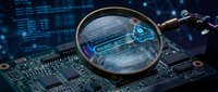 Magnifying glass examining computer circuit board with digital code and lock symbol, representing cybersecurity inspection and technology analysis for IT security concepts.