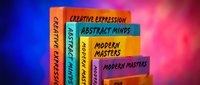 Colorful art book spines showcasing creative expression, abstract minds and modern masters titles in vibrant gradient lighting for educational design.