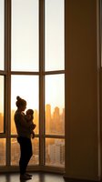 Mother holding baby silhouette against large window overlooking city skyline at golden hour sunset creating warm intimate family moment indoors.