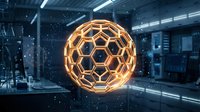 Glowing golden hexagonal sphere with neon geometric pattern floating in futuristic tech laboratory environment with blue lighting and digital data visualization.