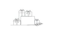 Wrapped gift boxes with ribbons and bows arranged around blank podium, line art style isolated on white background for holiday marketing and seasonal promotional design.