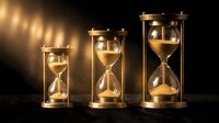 Three golden hourglasses with flowing sand against dark background, symbolizing passage of time, deadline, and urgency for business concepts.