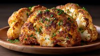 Roasted whole cauliflower head with golden brown crispy exterior and fresh herbs on wooden plate, healthy vegetarian main dish for dinner recipes.