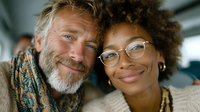 Smiling mature Caucasian man with beard and African American woman with glasses embracing warmly, showing genuine happiness and connection in cozy setting.