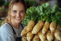 Young Caucasian woman in gray shirt holding fresh organic parsnips with green tops, smiling at camera. Natural food market and healthy eating lifestyle concept.