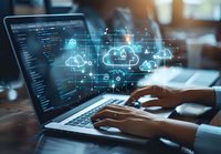 Cloud computing technology with digital interface showing secure data storage and programming code on laptop screen, perfect for IT and cybersecurity concepts.