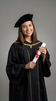 Young Caucasian female graduate in black cap and gown holding diploma with red ribbon, smiling proudly at camera against neutral background for education concepts.