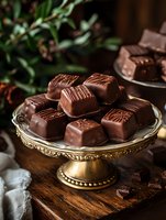 Dark chocolate bonbons with decorative patterns served on vintage brass cake stand against rustic wooden background with green foliage decoration.