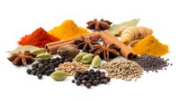 Colorful aromatic spices and herbs collection with turmeric, paprika, cinnamon, star anise, cardamom, peppercorns isolated on white background.