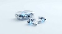 Transparent wireless earbuds with charging case isolated on white background, ready for product design, marketing materials, and e-commerce applications.