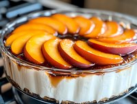 Creamy cheesecake topped with caramelized peach slices arranged in a circular pattern, perfect for bakery menus, food blogs, and dessert marketing materials.