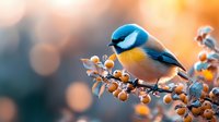 Blue tit perched on branch with orange berries against blurred bokeh background in warm autumn colors, wildlife nature photography in soft light.