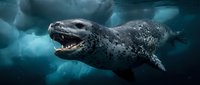Aggressive leopard seal with open mouth showing sharp teeth swimming underwater in Antarctic waters with ice formations above.