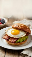 Gourmet breakfast burger with fried egg, crispy bacon and avocado on sesame seed bun served on white plate with fresh berries for morning meal concept.