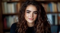 Young Mediterranean woman with long dark curly hair and natural makeup smiling warmly at camera against blurred library or study background.