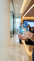 Hands holding holographic email icon with upward arrow in modern office corridor with colleagues and warm lighting.