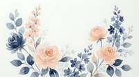 Watercolor floral arrangement with peach roses and blue flowers on white background. Romantic botanical design for wedding invitations and decor.