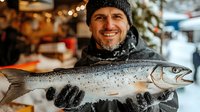 Happy fisherman holding fresh caught salmon at winter market displaying successful fishing trophy with warm bokeh lights background.