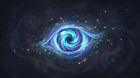 Cosmic eye with swirling galaxy spiral in center surrounded by stars and nebula clouds against dark space background for fantasy designs.