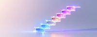 Glowing neon staircase ascending into misty atmosphere with gradient colors from blue to pink, floating steps illuminated against soft ethereal background.