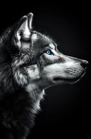 Dramatic side profile of gray wolf with piercing blue eyes against black background, monochromatic wildlife portrait highlighting detailed fur texture and facial features.