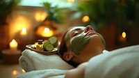Young woman with light skin tone receiving facial spa treatment with cucumber slices and green mask, relaxing in wellness center with warm ambient lighting for beauty and skincare marketing.
